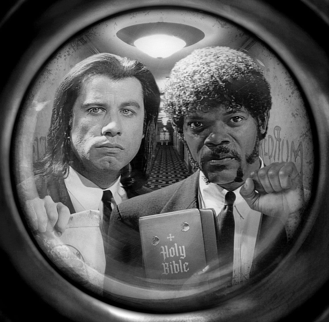 Black and white JJ Adams giclée print showing two suited men peering through a hotel door peephole, one holding a Bible.