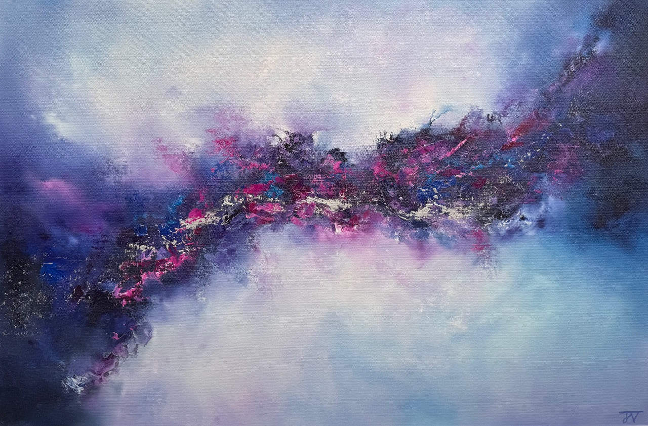 Violet Skies original oil painting by Jaimie Volkaerts with soothing abstract violet tones
