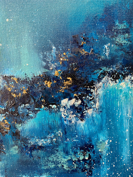 An Oasis Of Calm original oil on board abstract artwork by Jaimie Volkaerts showcasing soothing tones and fluid forms