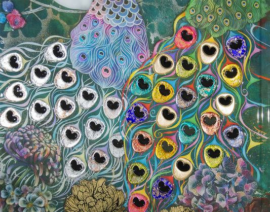 Alchemy by Kerry Darlington. A beautiful peacock picture with high gloss 3D elements. Available to order as a framed print at The Acorn Gallery, Pocklington. Official Partner Gallery. Safe UK Delivery. Visit Us or Call 01759 307652.