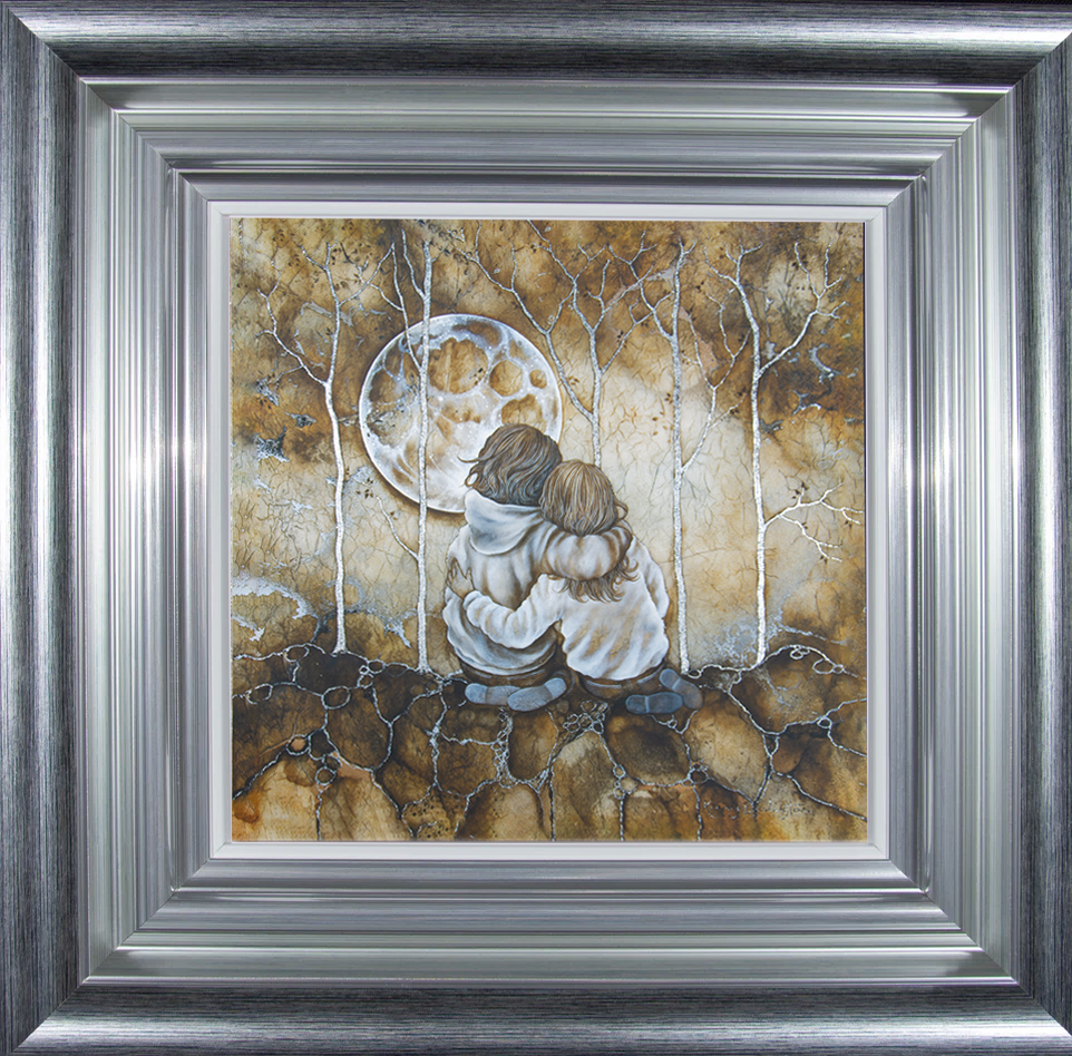 My Best Friend in a silver frame by artist Kerry Darlington, showing best friends gazing at the moon. Available framed at The Acorn Gallery, Pocklington. Visit us or call 01759 307652.