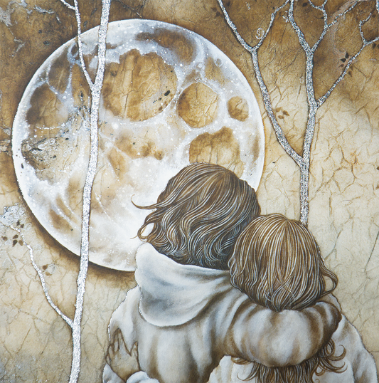 My Best Friend by artist Kerry Darlington, showing best friends gazing at the moon. Available framed at The Acorn Gallery, Pocklington. Visit us or call 01759 307652.