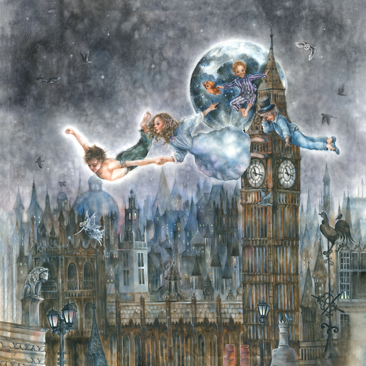The iconic scene of Peter Pan with Wendy and her brothers flying over London. Second Star to the Right by Kerry Darlingtonis available at The Acorn Gallery with free UK delivery. Shop online or call 01759 307652.