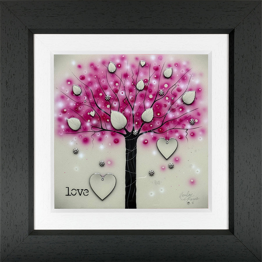 Mixed media Tree of Life artwork by Kealey Farmer, with a black tree, magenta blossoms, pale heart leaves and “love” text.