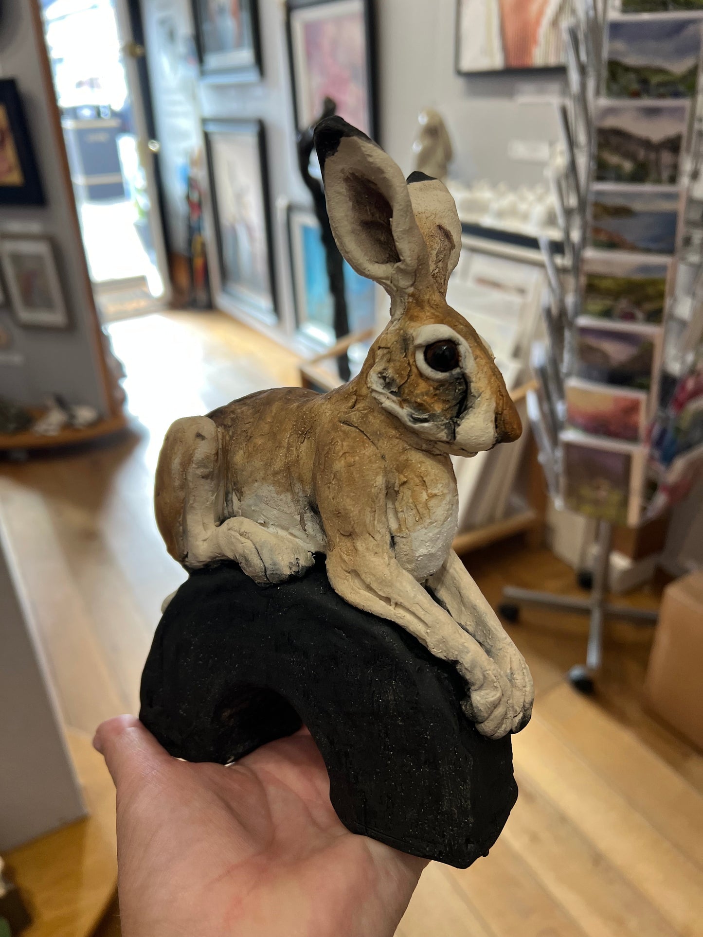 Louise Brown Small Hare on a Plinth ORIGINAL Sculpture - The Acorn Gallery, Pocklington