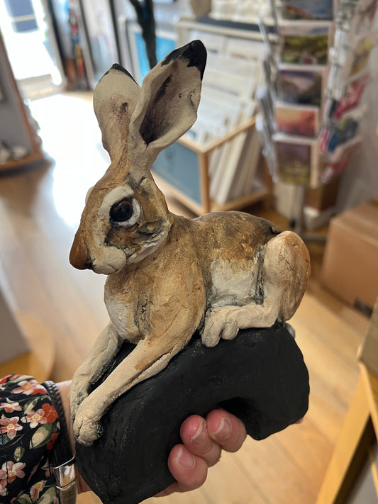Louise Brown Small Hare on a Plinth ORIGINAL Sculpture - The Acorn Gallery, Pocklington