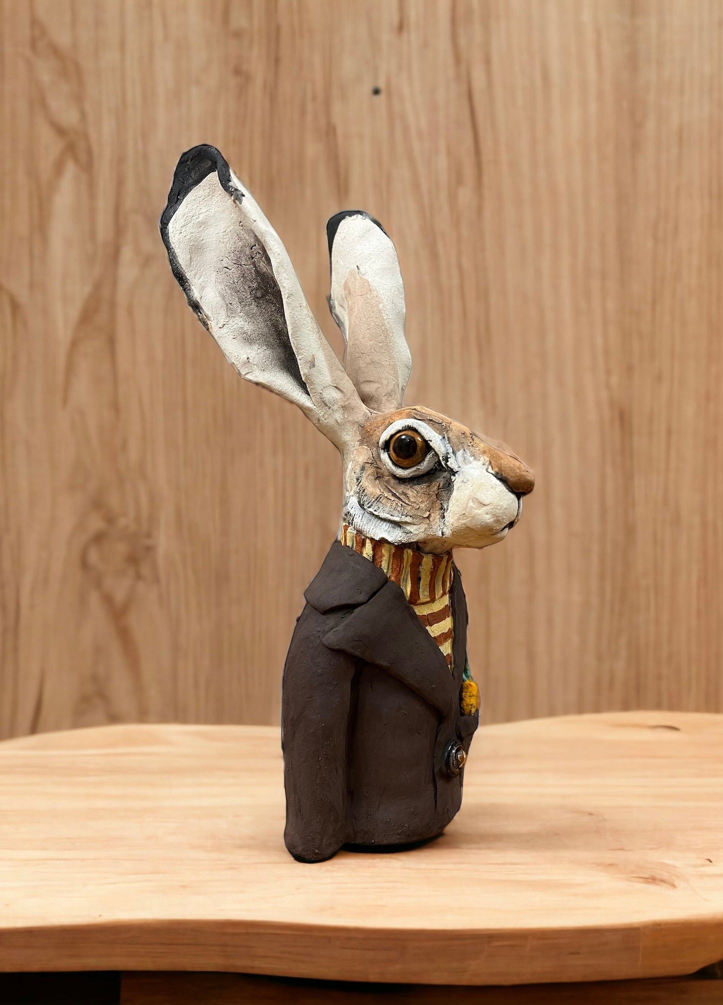 Louise Brown Hare Bust Brown Jacket Original Sculpture - The Acorn Gallery, Pocklington