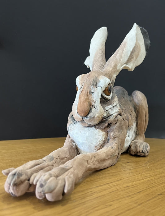 Louise Brown Hunched Up Hare Original Sculpture - The Acorn Gallery, Pocklington