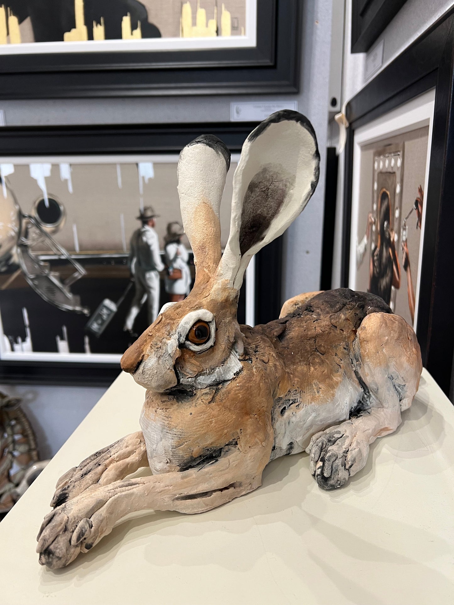Ceramic Hunched Up Hare II sculpture by Louise Brown sold original art piece