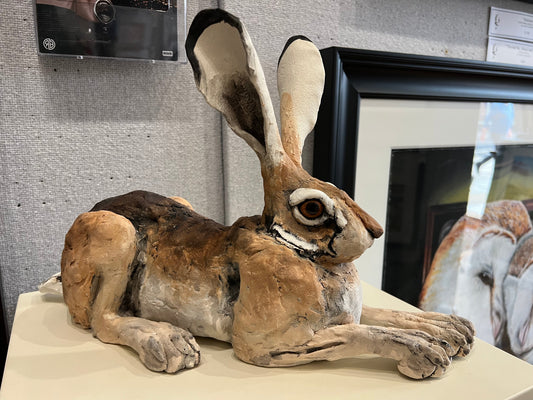 Hunched Up Hare II ceramic sculpture by Louise Brown original SOLD