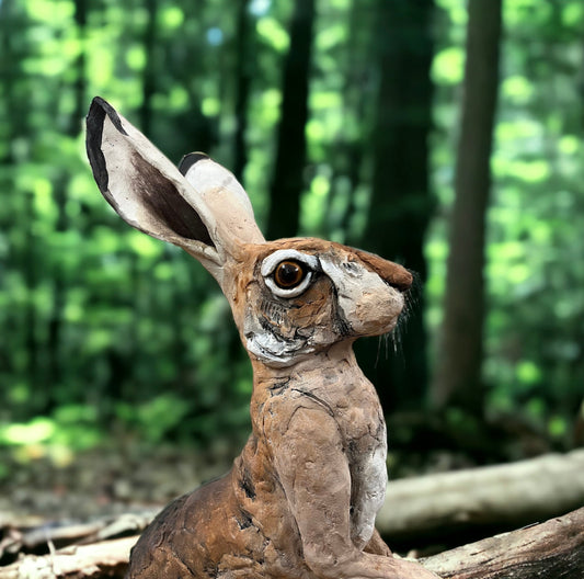 Louise Brown Large Sitting Hare Paws Up Original Sculpture - The Acorn Gallery, Pocklington