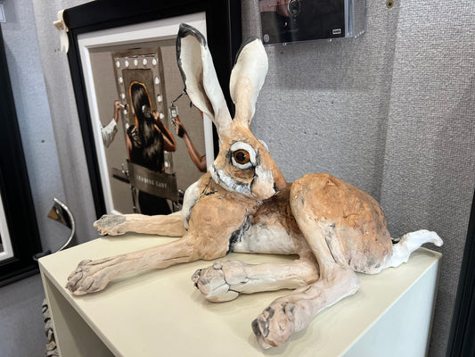Louise Brown Lying Down Hare - Head Turned Original Sculpture - The Acorn Gallery, Pocklington Call us on 01759 307652. UK Delivery available.