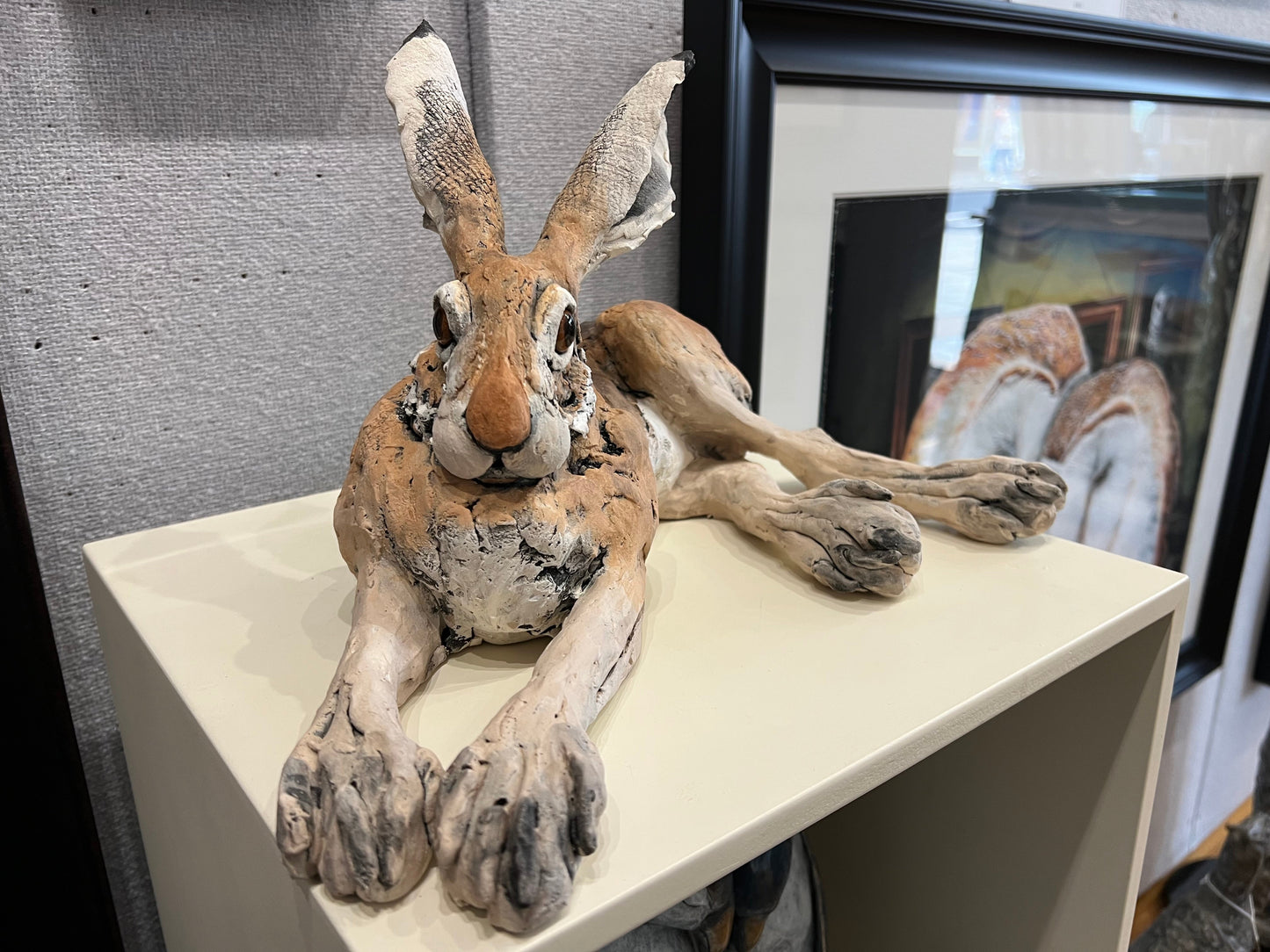Lying Down Hare ceramic sculpture by Louise Brown original art piece