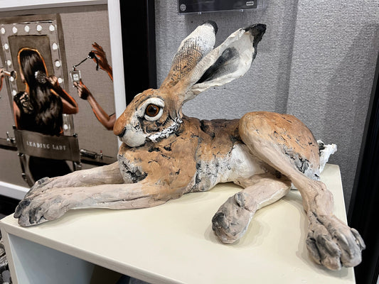 Lying Down Hare ceramic sculpture by Louise Brown original art piece sold free UK delivery
