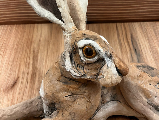 Louise Brown Medium Lying Down Hare Original Sculpture - The Acorn Gallery, Pocklington