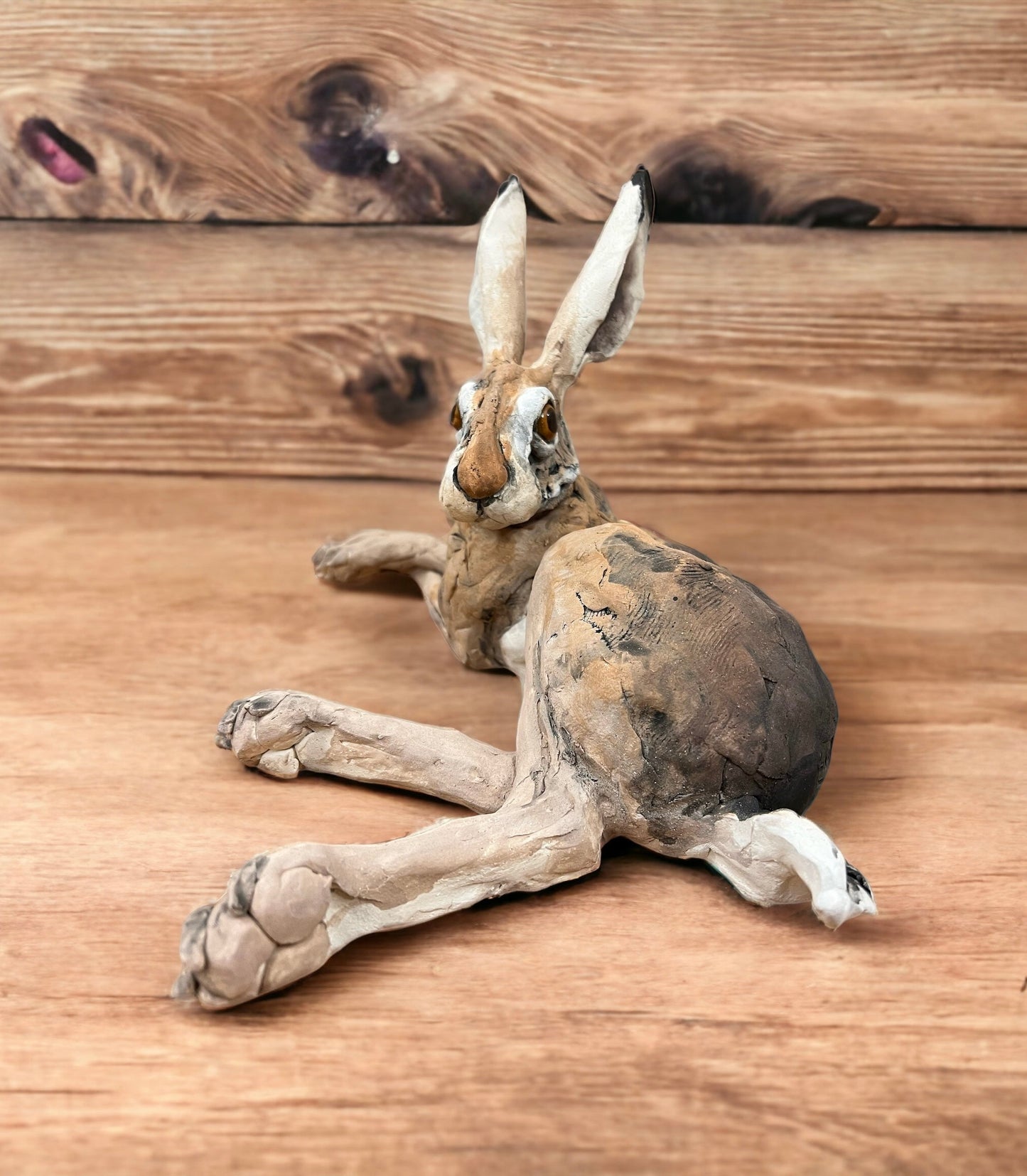 Louise Brown Medium Lying Down Hare Original Sculpture - The Acorn Gallery, Pocklington