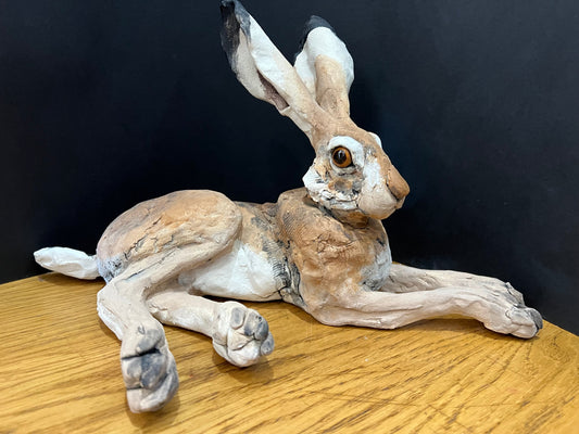 Louise Brown Small Lying Down Hare II Original Sculpture - The Acorn Gallery, Pocklington