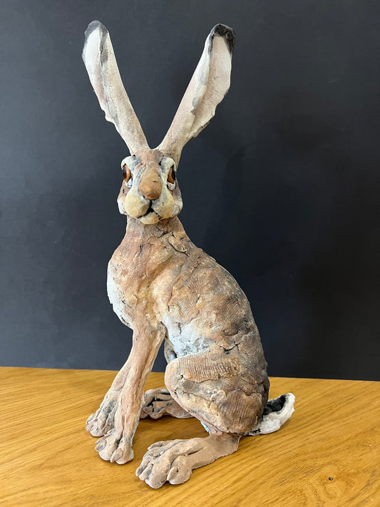 Louise Brown Small Sitting Hare Original Sculpture - The Acorn Gallery, Pocklington