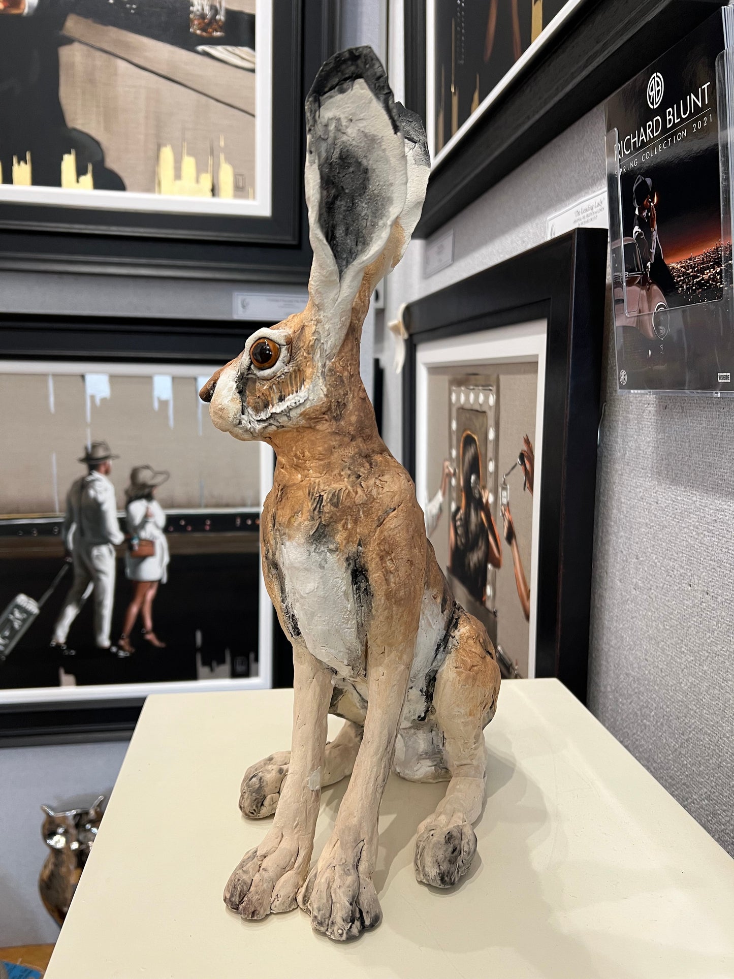 Louise Brown Small Sitting Hare Head Turned Original Sculpture - The Acorn Gallery, Pocklington
