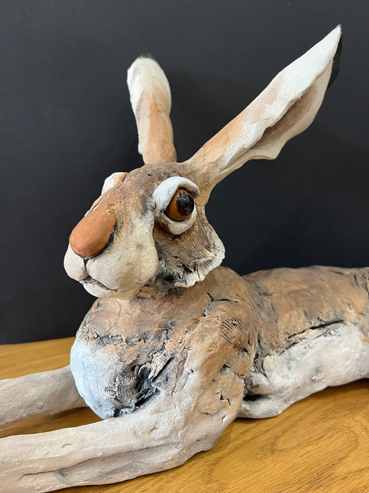 Louise Brown Large Lying Down Hare Original Sculpture - The Acorn Gallery, Pocklington