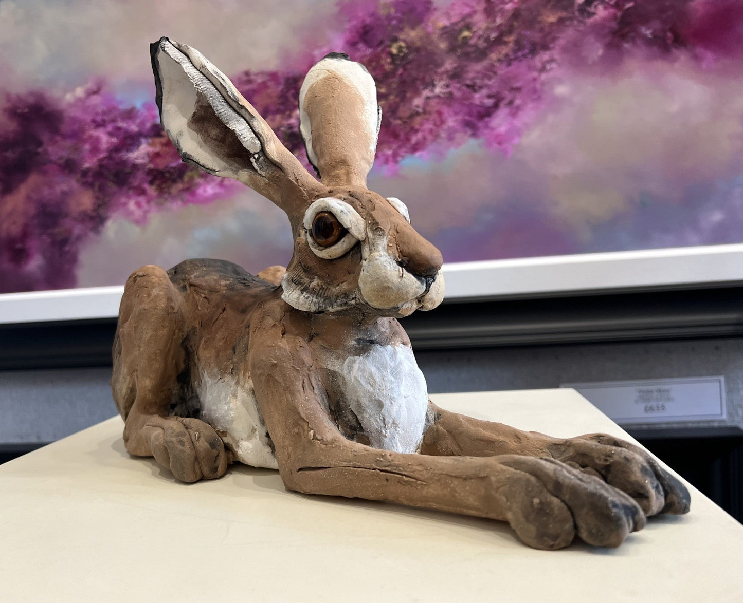 Louise Brown Hunched Hare ORIGINAL Sculpture available from The Acorn Gallery, Pocklington