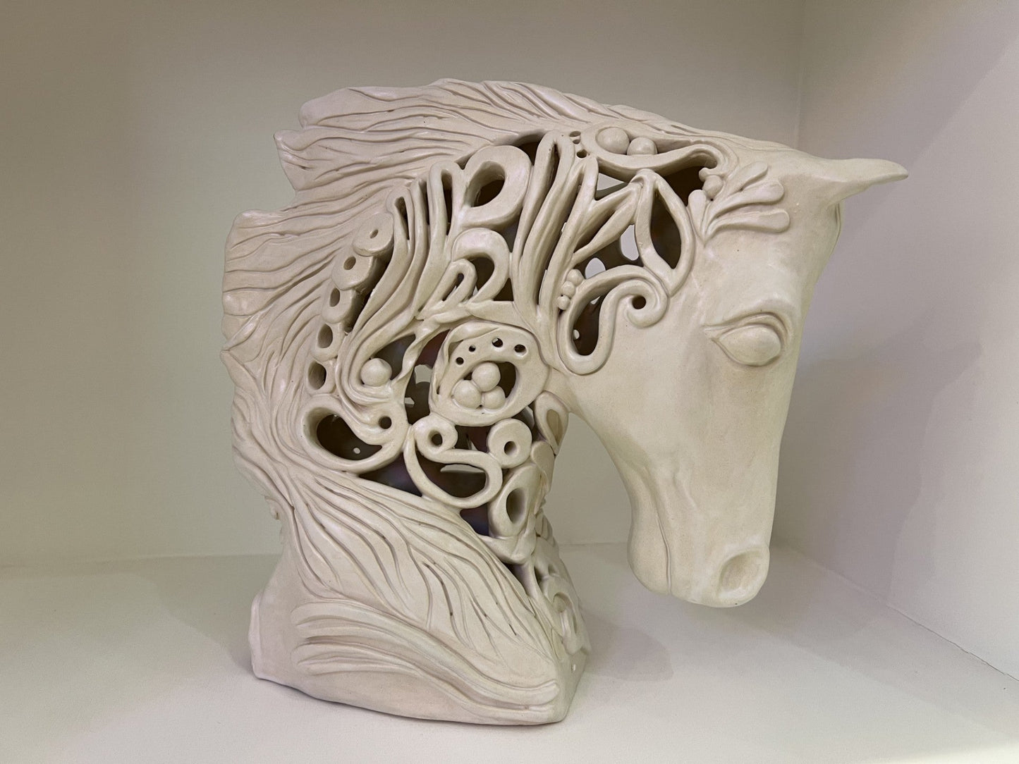 White Filigree Horses Head Lamp ORIGINAL Sculpture by Lorraine Kathryn Studios