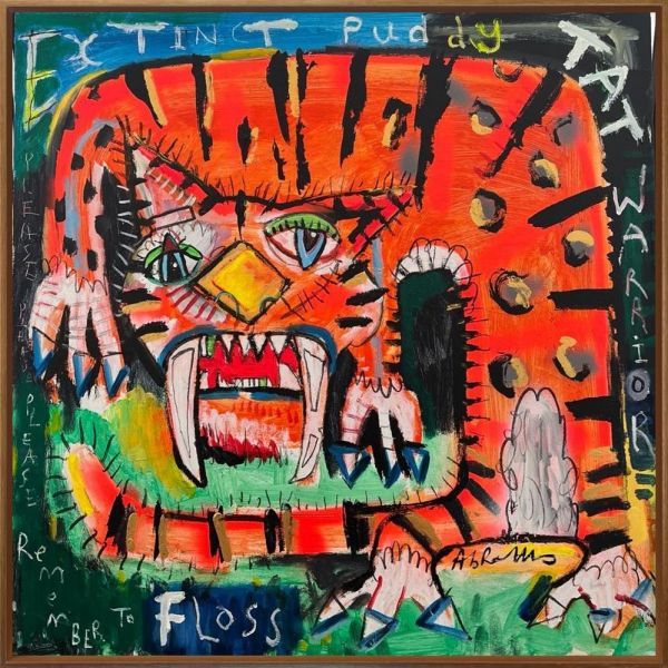 Mixed media canvas painting by Michael Abrams featuring a fierce orange tiger-like cat, bold black stripes, and colorful handwritten text
