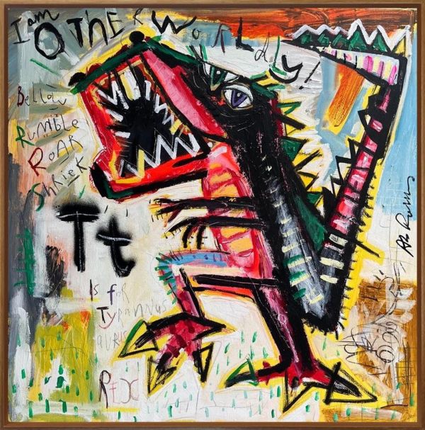 Original mixed-media painting by Michael Abrams, featuring a bold, abstract black bird in red, yellow, and green.
