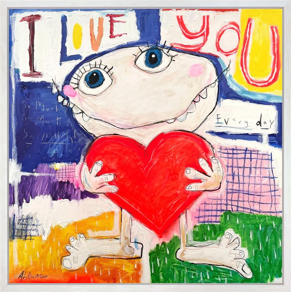 Mixed-media canvas artwork by Michael Abrams featuring a wide-eyed figure holding a large red heart beneath colorful “I Love You” lettering.
