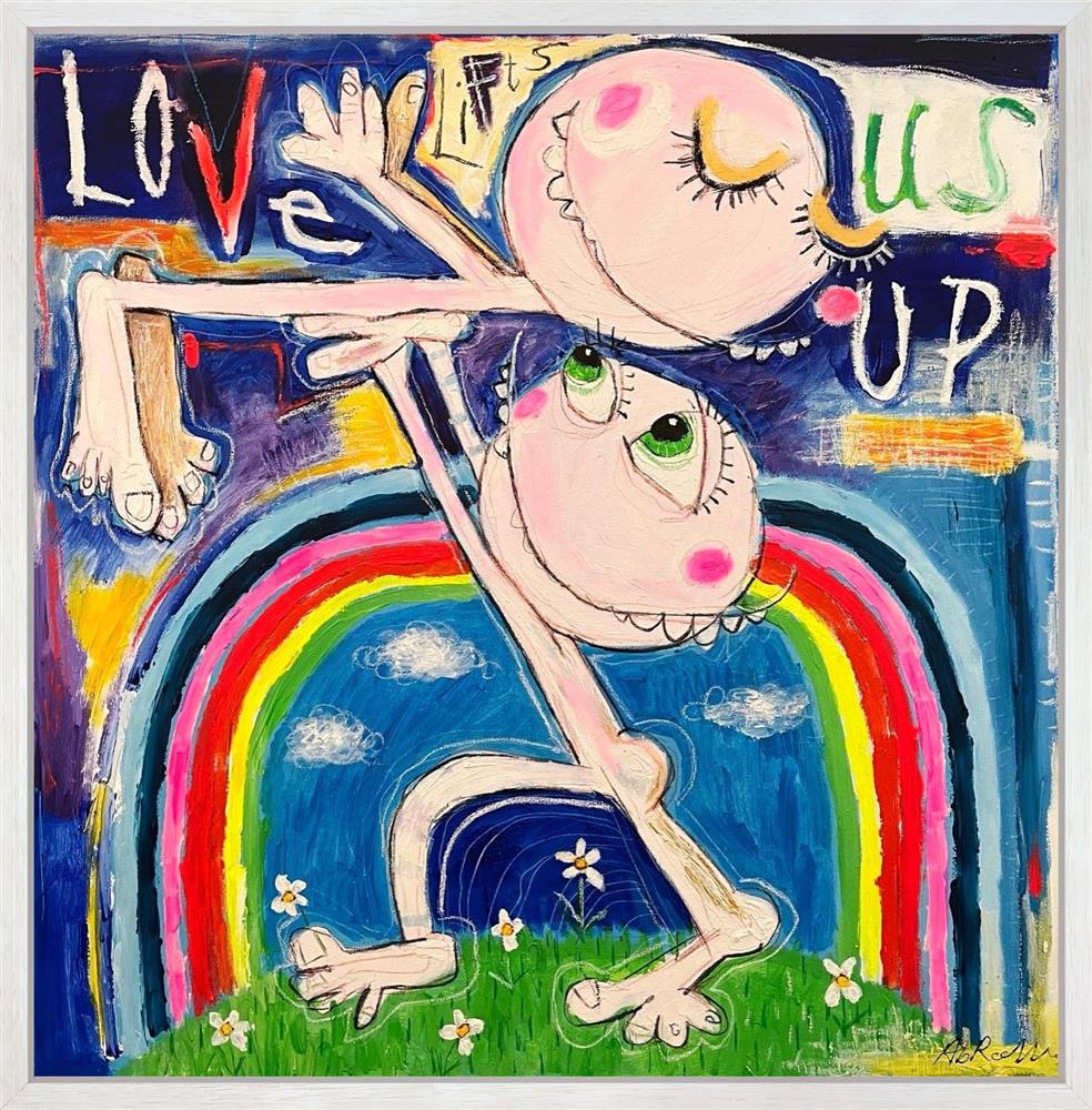 Mixed media canvas painting Love Lifts Us Up by Michael Abrams, featuring two playful figures and a bright rainbow.