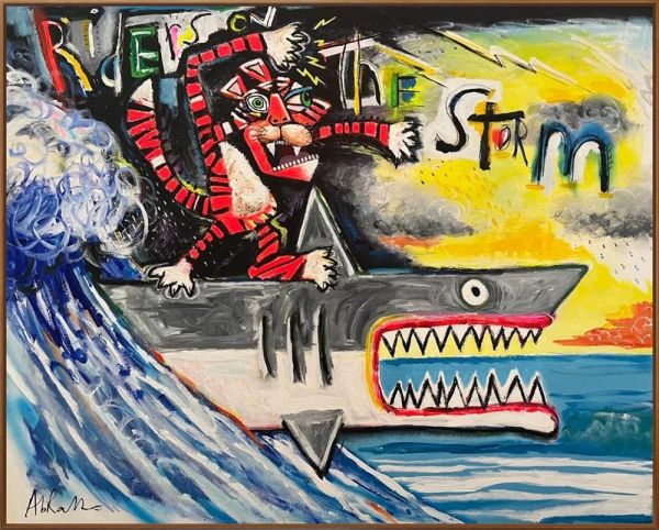 Original mixed-media painting by Michael Abrams, featuring a red-striped figure riding a toothy gray shark through blue waves beneath a yellow stormy sky.