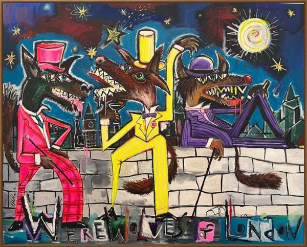 Original mixed-media painting by Michael Abrams, with three colorful werewolves in hats against a starry blue sky.