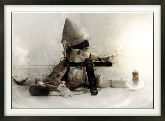 Born To Lie Pinocchio artwork by Mark Davies showing frustrated wooden boy with elongated nose and burning limbs