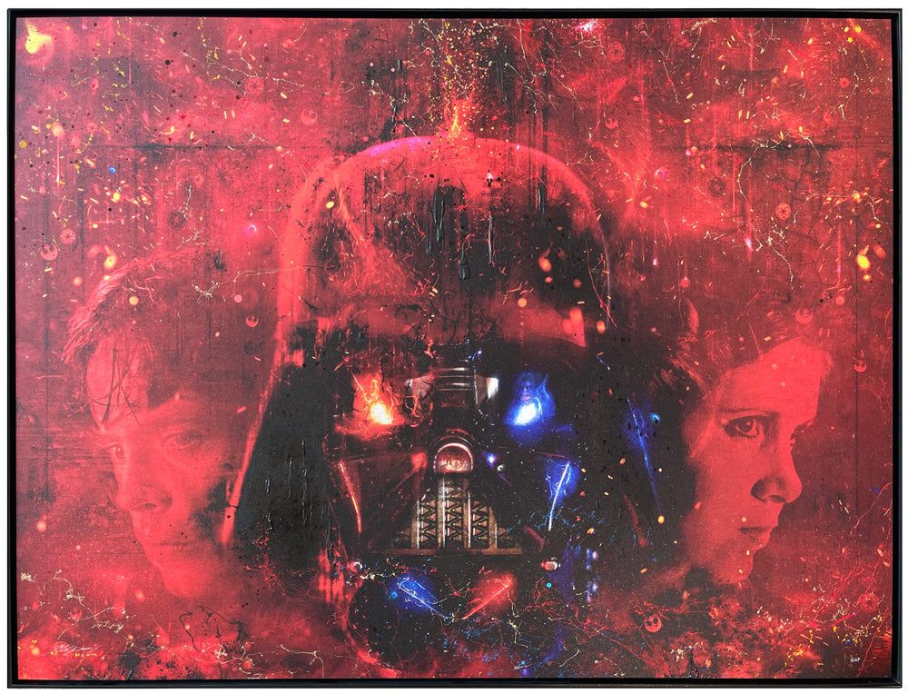 Limited edition hand-embellished aluminium Star Wars print by Mark Davies featuring Darth Vader, Luke, Leia, and Obi Wan
