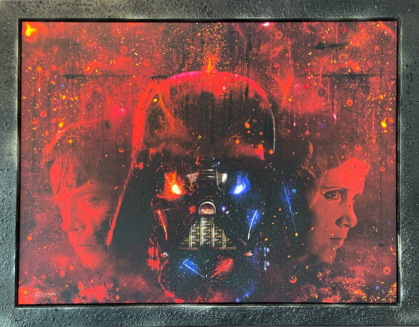 I am Your Father Star Wars mixed media canvas by Mark Davies featuring Darth Vader, Luke, Leia, Obi Wan, and the Emperor with vivid red and black tones