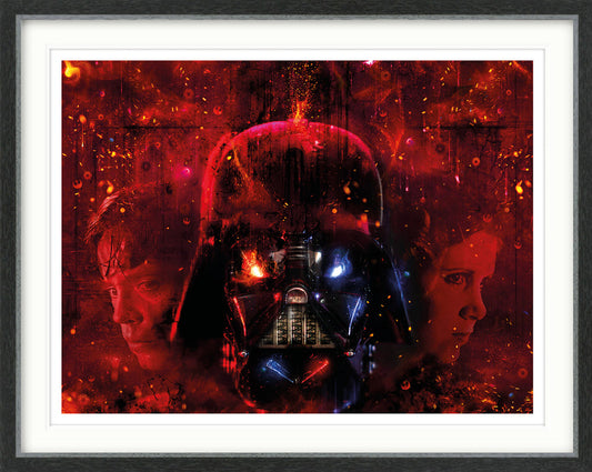 I Am Your Father Star Wars artwork by Mark Davies featuring Darth Vader, Luke, Leia, Obi Wan, and the Emperor in bold red and black tones