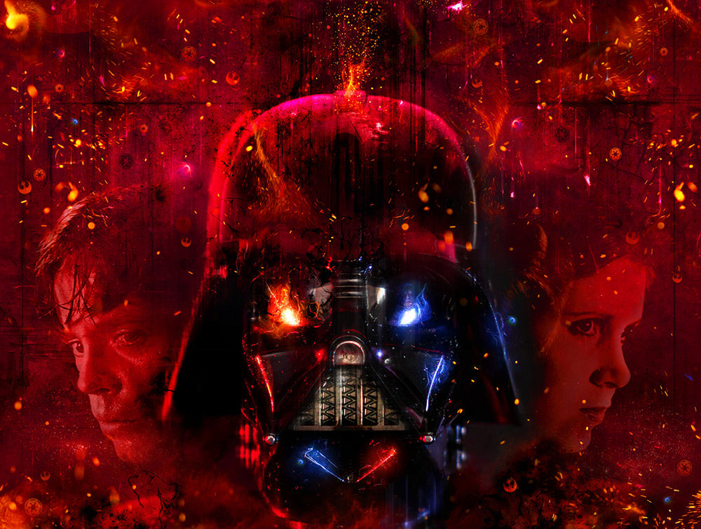 I Am Your Father Star Wars artwork by Mark Davies featuring Darth Vader, Luke, Leia, Obi-Wan Kenobi, and the Emperor with bold red and black tones
