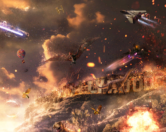 Limited edition panoramic print by Mark Davies, vivid cinematic mash-up with fiery skies, spacecraft, film characters and vehicles.