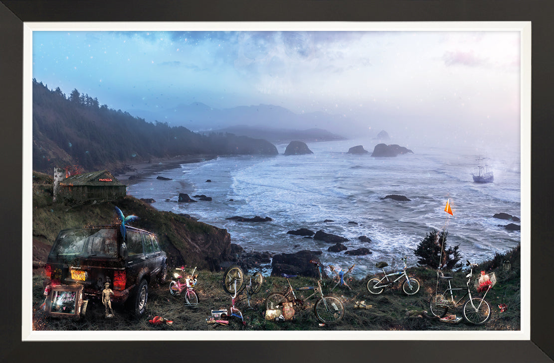 Limited edition signed print of The Goonies artwork by Mark Davies featuring Cannon Beach, bikes, Jeep Cherokee, and subtle movie references