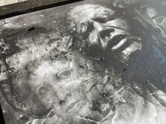Star Wars mixed-media canvas by Mark Davies, black-and-white textured portrait of Han Solo in carbonite with layered characters and scrawled lettering