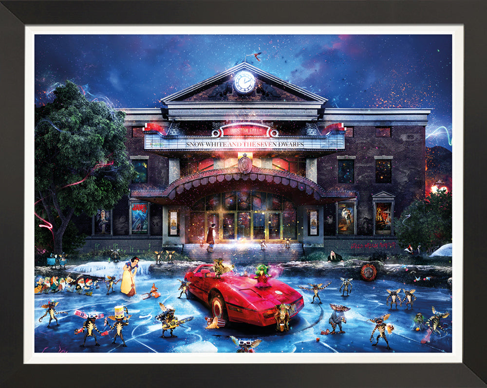 There’s Trouble A-Brewin! Gremlins artwork by Mark Davies featuring Gremlins chaos at a movie theater with Back to the Future clock tower and Gizmo’s pink Corvette.