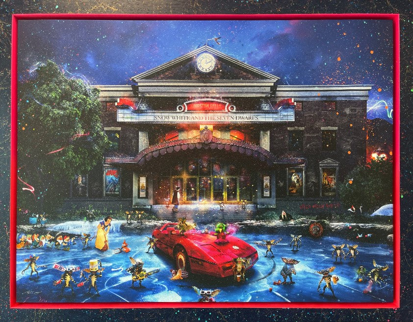Gremlins-themed mixed media canvas art by Mark Davies with clock tower and Barbie pink Corvette