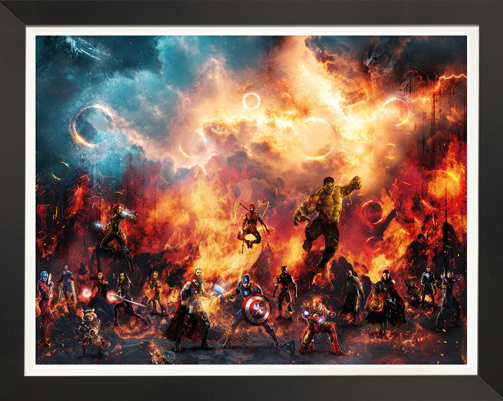 Til The End Avengers artwork by Mark Davies featuring vivid Marvel characters in a dramatic battle scene