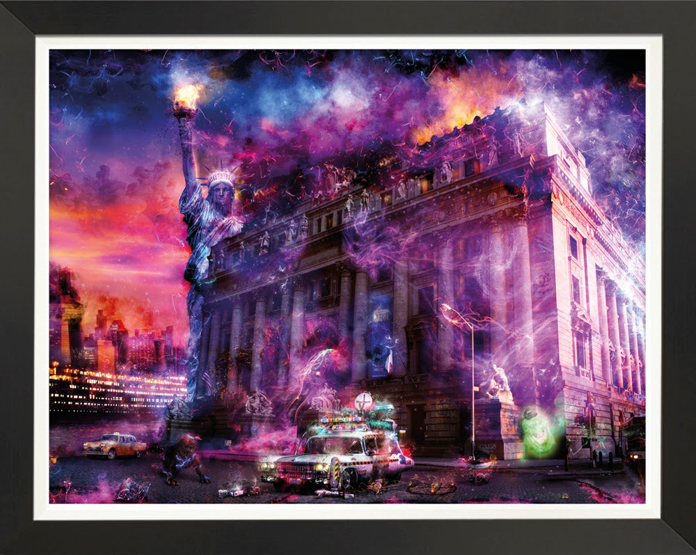 Bustin Ghosts limited edition print by Mark Davies featuring Ghostbusters scene with ECTO-1A and Statue of Liberty amid fiery museum and vivid pink-blue colors