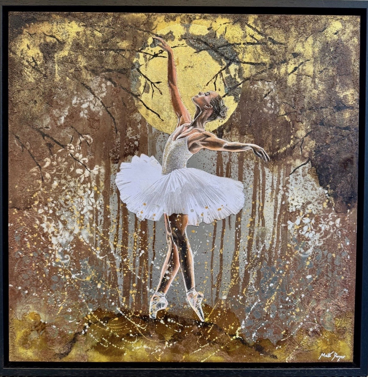 A framed square original painting depicting a ballerina in a white tutu posing under gold-toned trees with textured metallic brushstrokes and splatter details. Available from The Acorn Gallery in Pocklington. Visit us or Shop Online or just call 01759 307652.