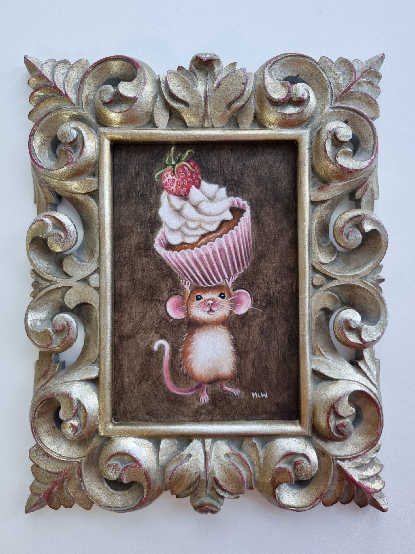 The Prize original oil painting by Marie Louise Wrightson featuring a whimsical mouse with a cupcake