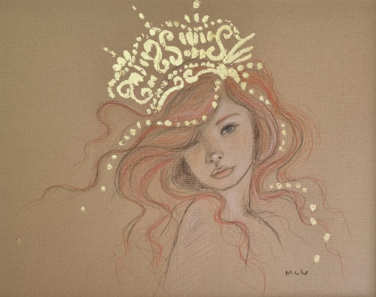 Original mixed media sketch on tan paper featuring a red-haired woman with an ornate gold crown, by Marie Louise Wrightson.