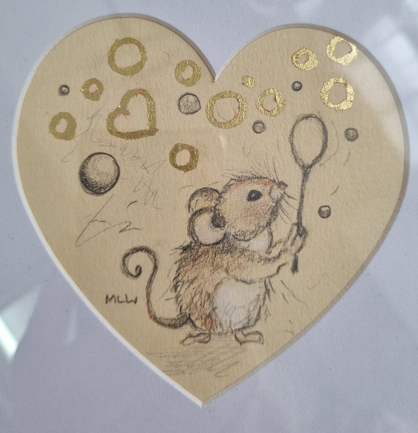 Blowing Bubbles original mixed media sketch by Marie Louise Wrightson hand signed 3.75x3.75 inches