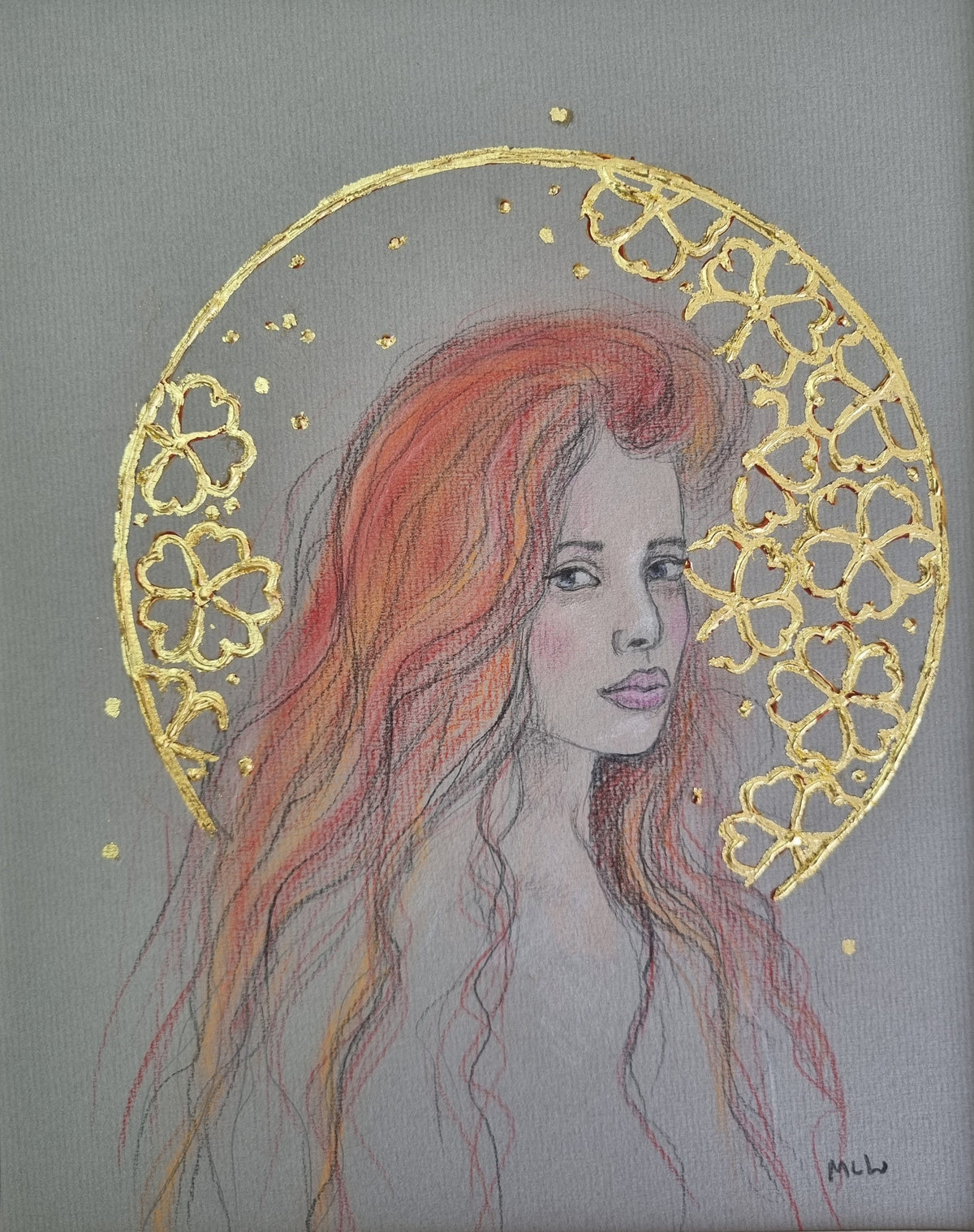 Original mixed-media sketch on grey paper by Marie Louise Wrightson, showing a red-haired woman framed by a gold clover halo.