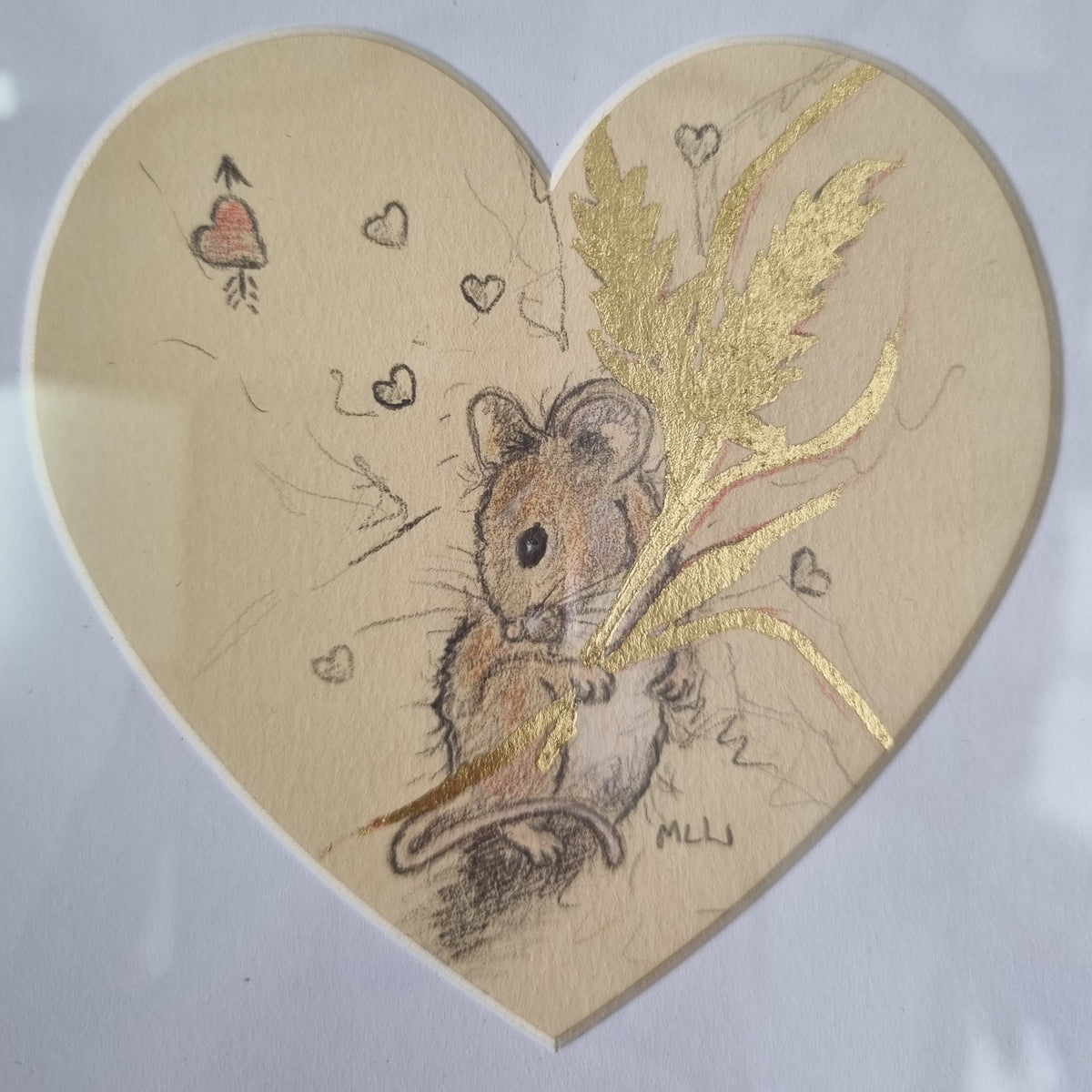 Heart-shaped original mixed-media sketch of a brown mouse with gold leaf details, signed by Marie Louise Wrightson.